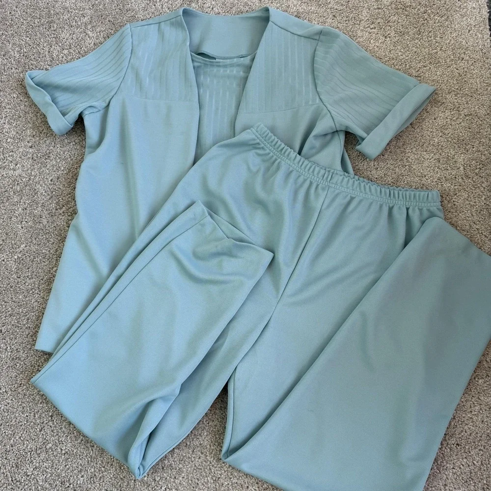 Vintage Blair Jacket Pants Set Womens Large Blue Knit Elastic Waist Short Sleeve